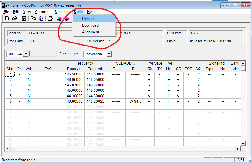 vertex vx-414 programming - read radio configuration